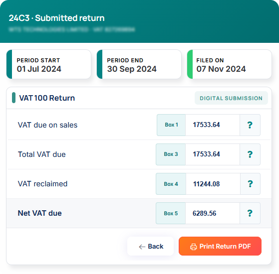 VAT 100 return submitted digitally to HMRC in Swift VAT Pro